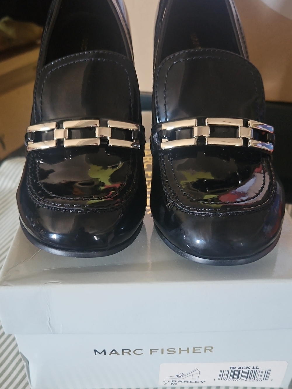 Marc Fisher Black Patent Loafers with Silver Chain Detail- NEW IN BOX,NEVER WORN